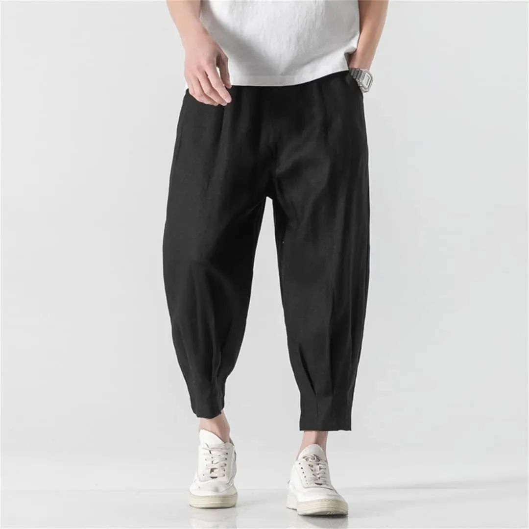 Mens Linen Harem Pants Chinese Style Drop Trousers Male Pantalones Retro Ankle-Length Pants