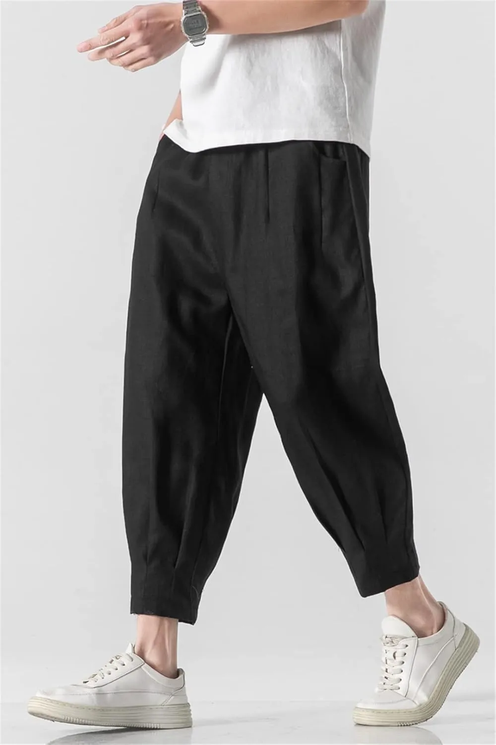 Mens Linen Harem Pants Chinese Style Drop Trousers Male Pantalones Retro Ankle-Length Pants