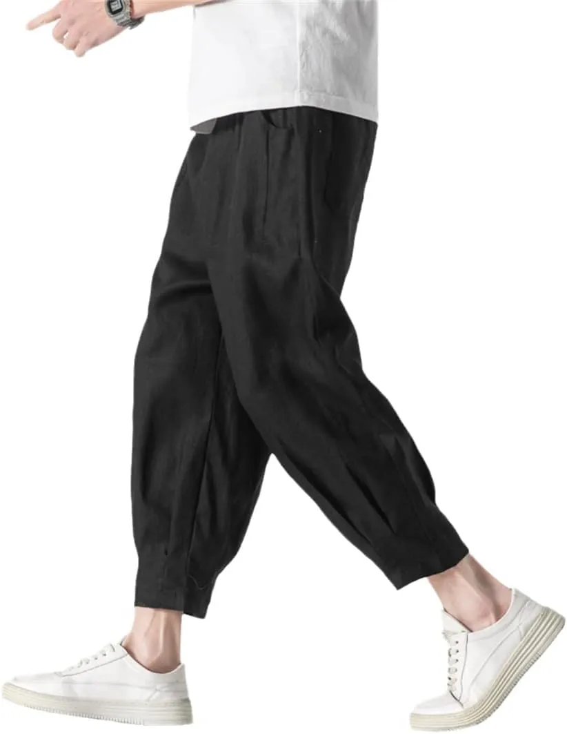 Mens Linen Harem Pants Chinese Style Drop Trousers Male Pantalones Retro Ankle-Length Pants