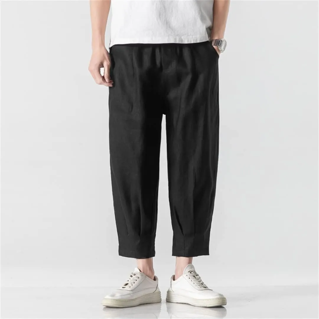 Mens Linen Harem Pants Chinese Style Drop Trousers Male Pantalones Retro Ankle-Length Pants