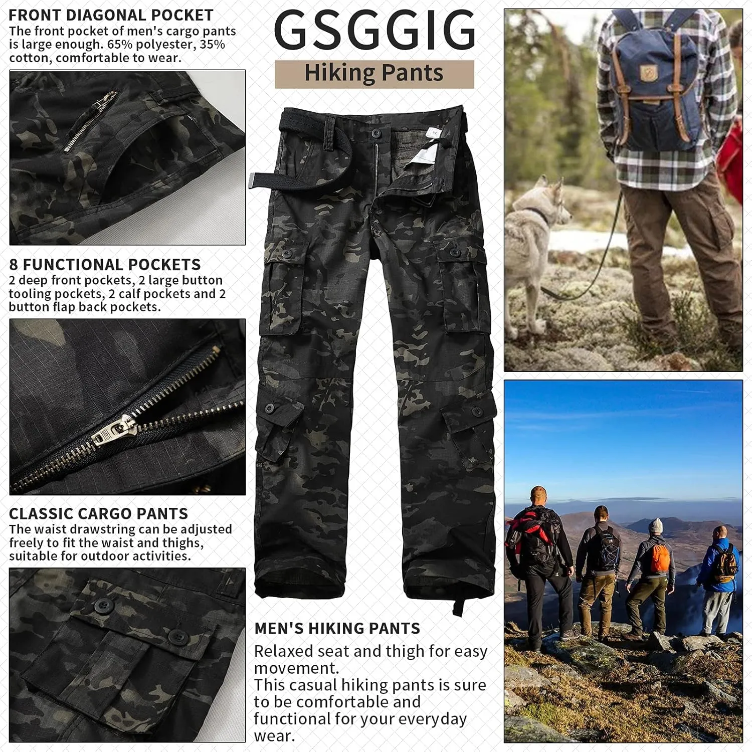 Men's Outdoor Hiking Pants, Tactical Pants Lightweight Casual Work Ripstop Cargo Pants for Men with Pockets
