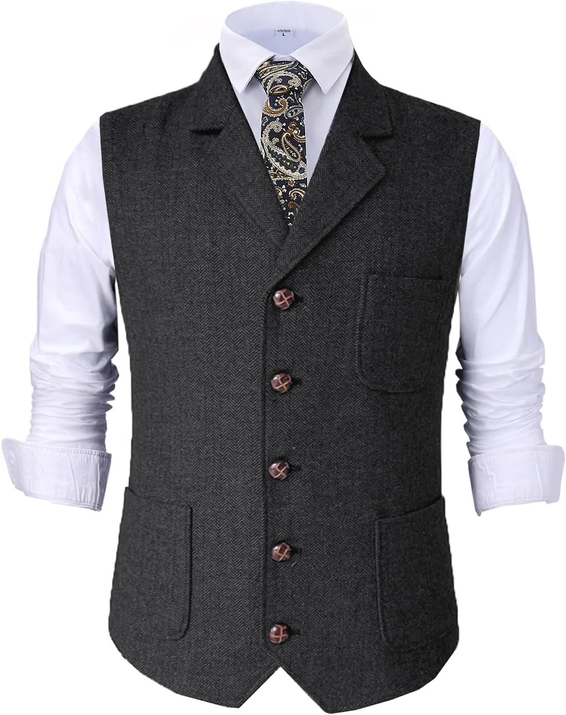 Mens Retro Suit Vest Tweed Wool Regular Fit Dress Waistcoat Herringbone for Jacket