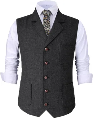 Mens Retro Suit Vest Tweed Wool Regular Fit Dress Waistcoat Herringbone for Jacket