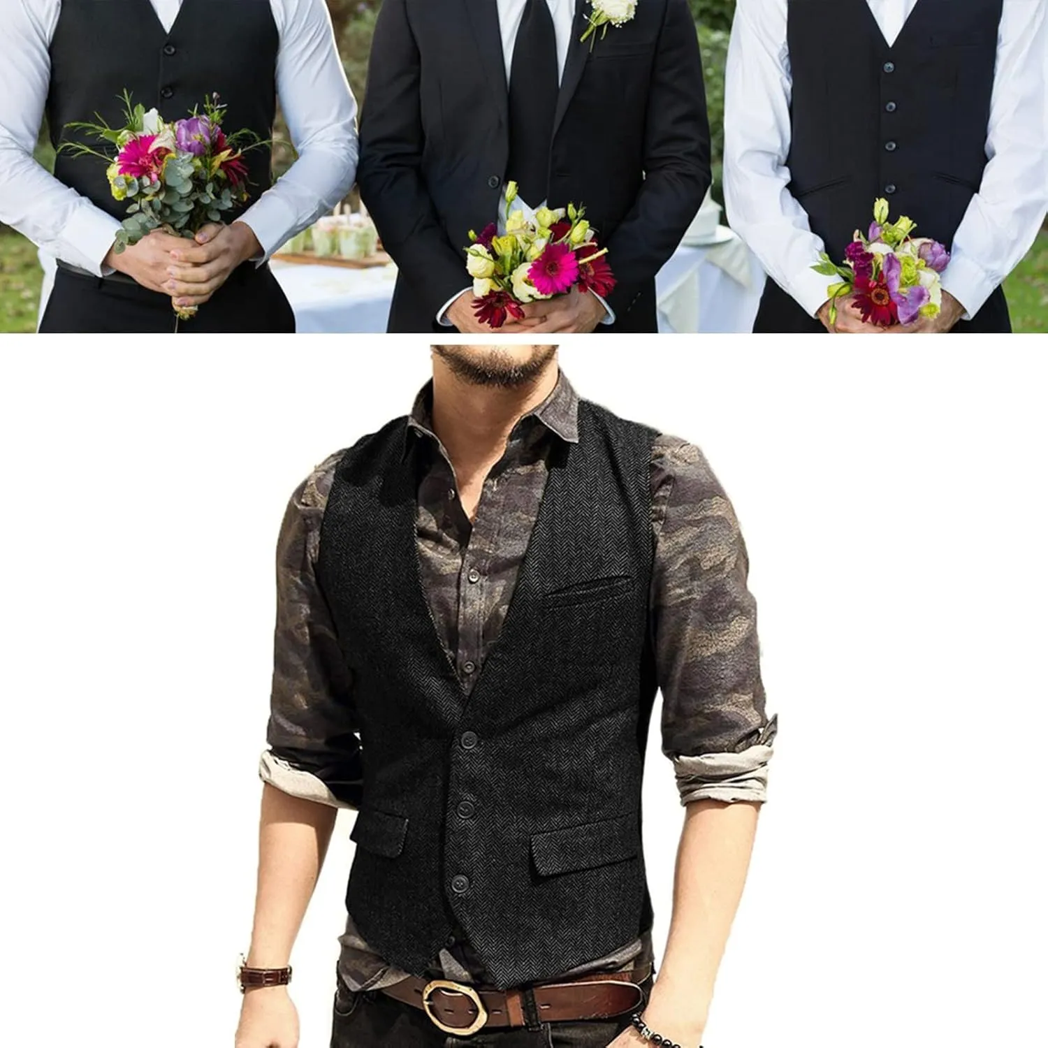 Men's Wedding Plus Size Dress Vest with 3 Pockets Casual Herringbone Tweed Slim Fit Waistcoat Jacket Tank Top for Prom Party