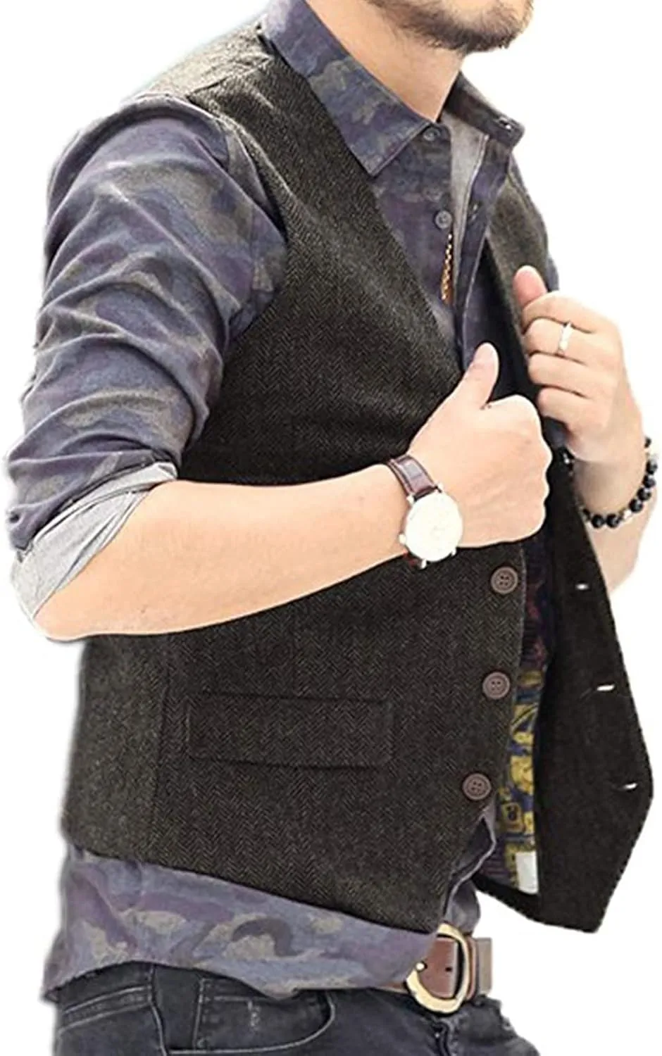 Men's Wedding Plus Size Dress Vest with 3 Pockets Casual Herringbone Tweed Slim Fit Waistcoat Jacket Tank Top for Prom Party