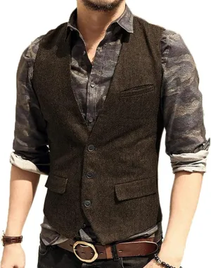 Men's Wedding Plus Size Dress Vest with 3 Pockets Casual Herringbone Tweed Slim Fit Waistcoat Jacket Tank Top for Prom Party