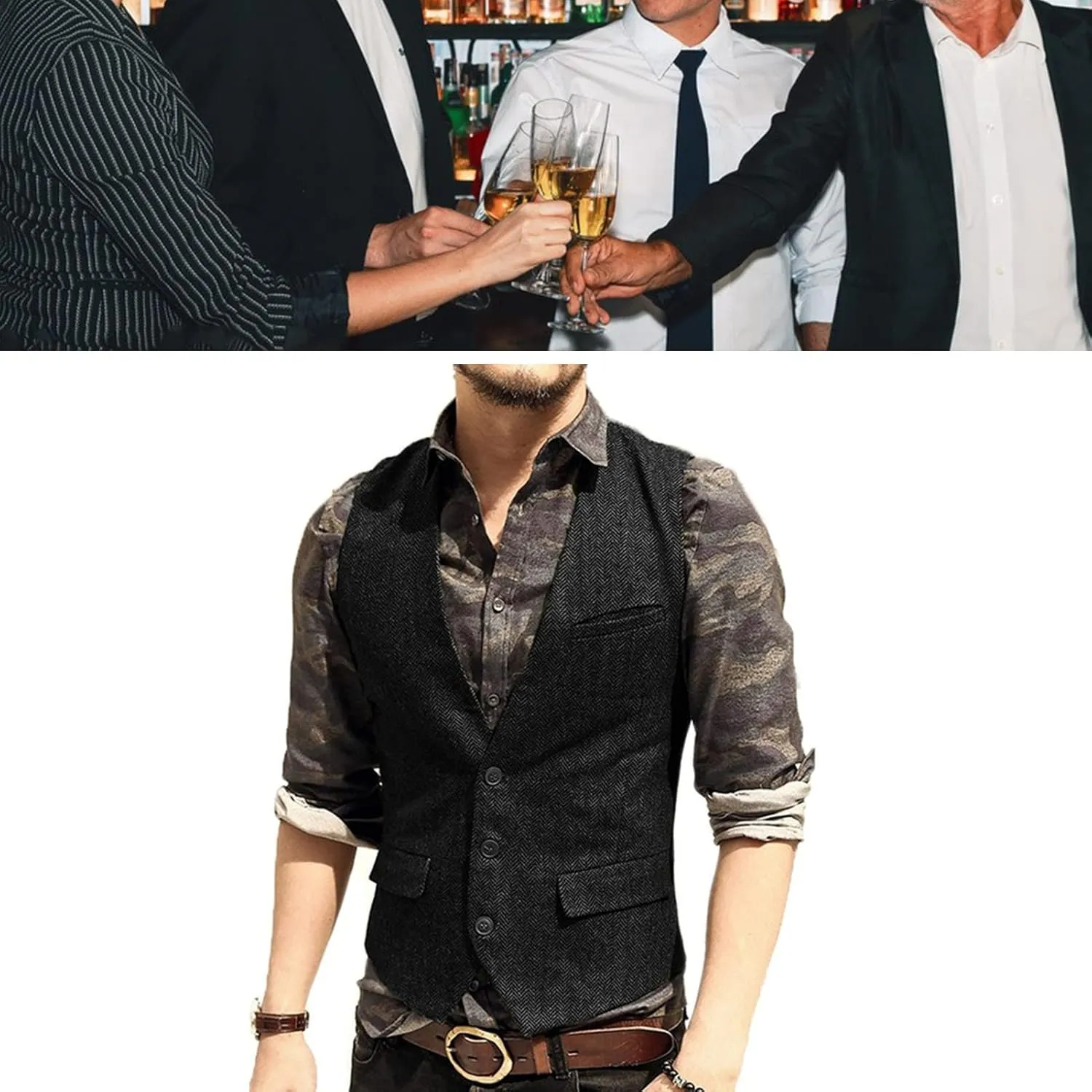 Men's Wedding Plus Size Dress Vest with 3 Pockets Casual Herringbone Tweed Slim Fit Waistcoat Jacket Tank Top for Prom Party