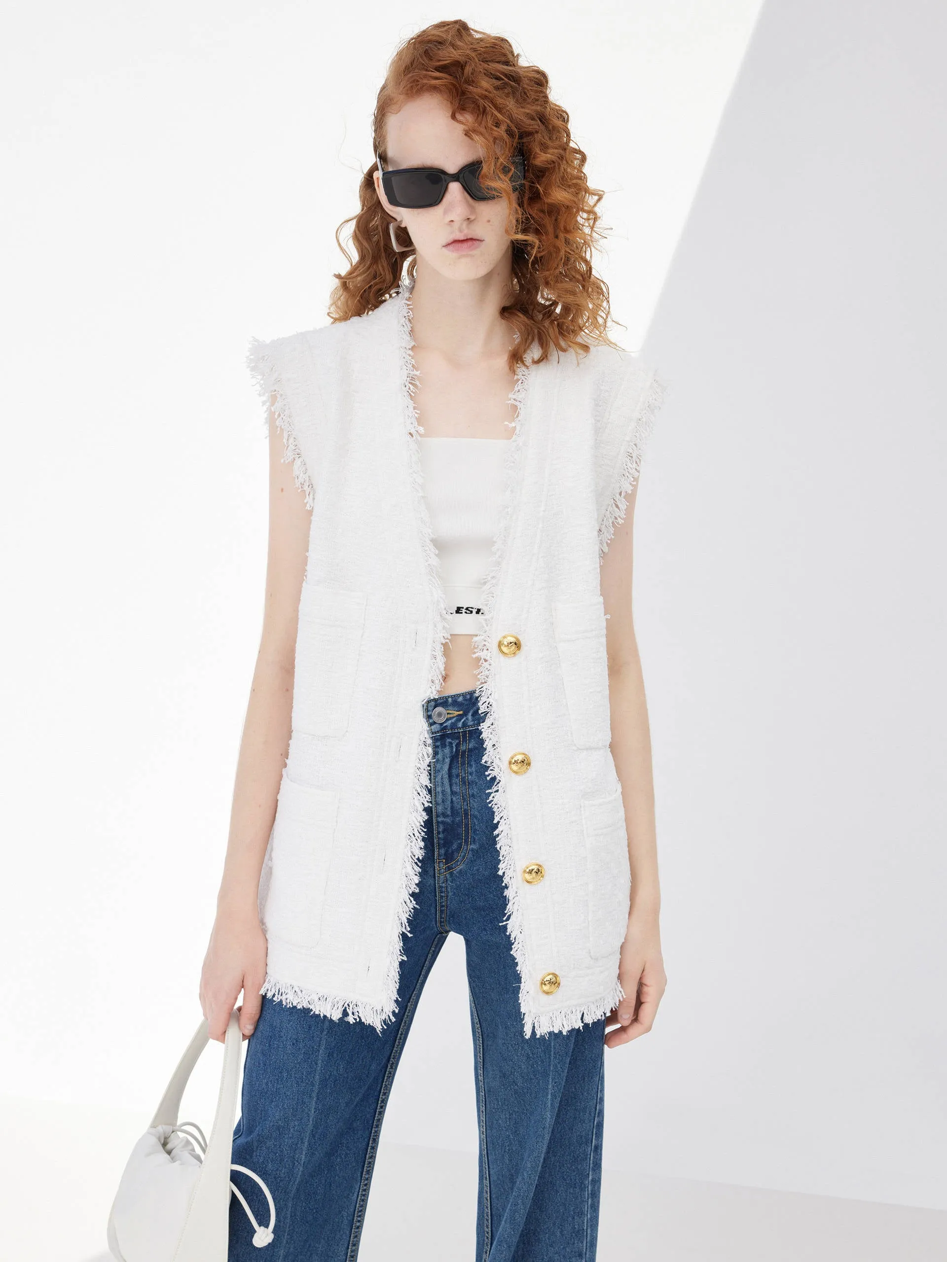 Metal Button Raw Trim Waistcoat