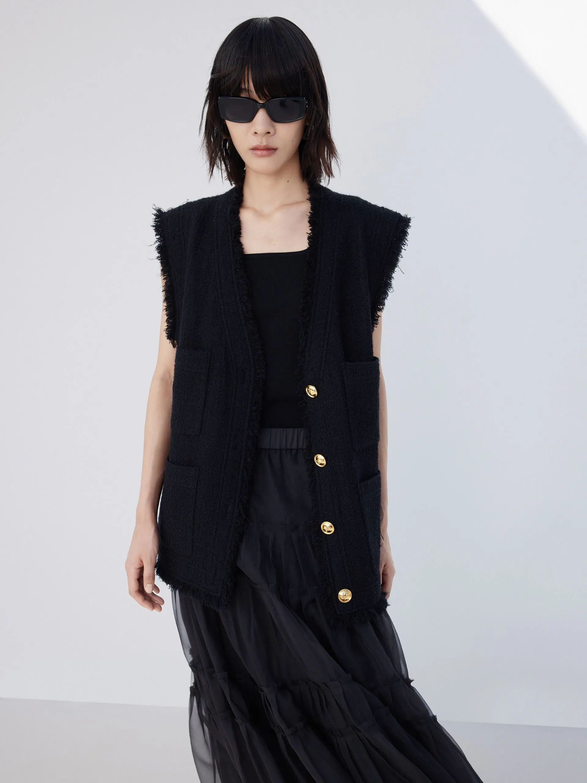 Metal Button Raw Trim Waistcoat