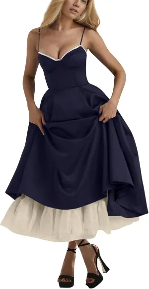 Midi Corset Dress for Women 2025 Fall Elegant Tulle Vintage Party Dress Flowy Pleated Hem Low Cut Prom Dresses