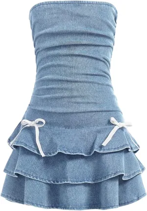 Milumia Girl's Ruched Denim Tube Dress Bow Knot Tiered Layered Short Dresses