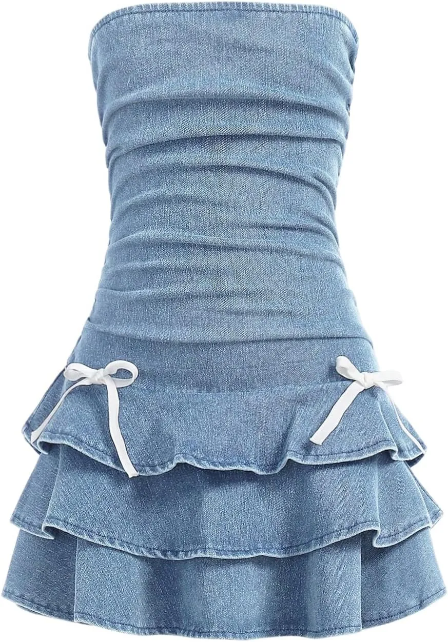 Milumia Girl's Ruched Denim Tube Dress Bow Knot Tiered Layered Short Dresses