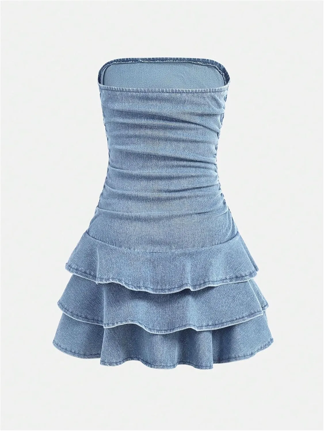 Milumia Girl's Ruched Denim Tube Dress Bow Knot Tiered Layered Short Dresses