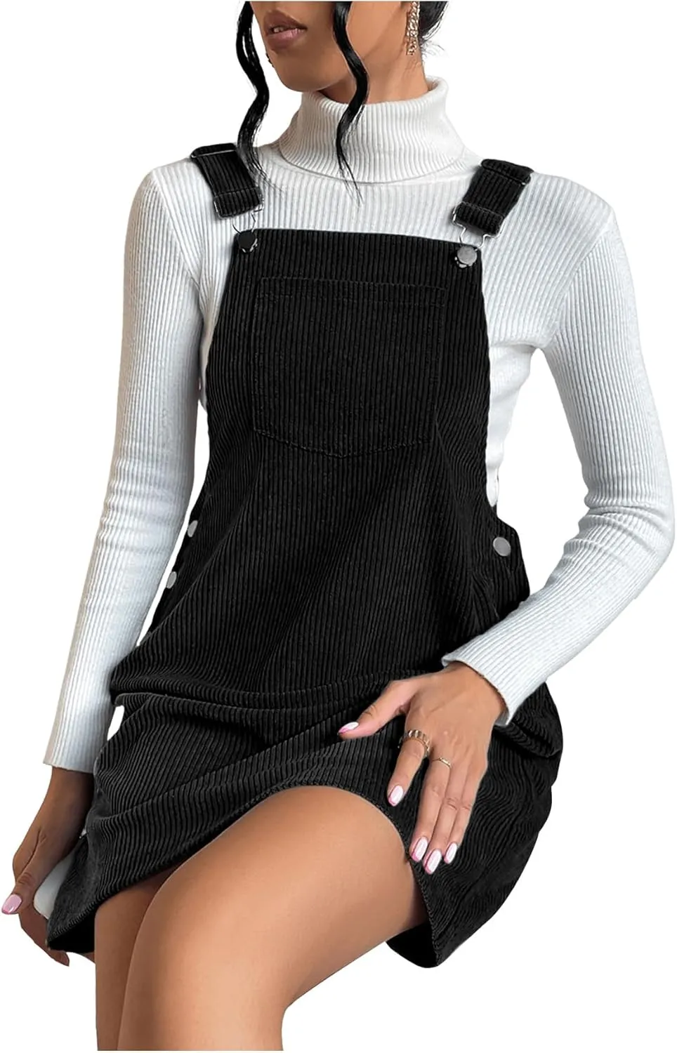 Milumia Women's Corduroy Button Front Straight Pinafore Overall Mini Dress with Pocket