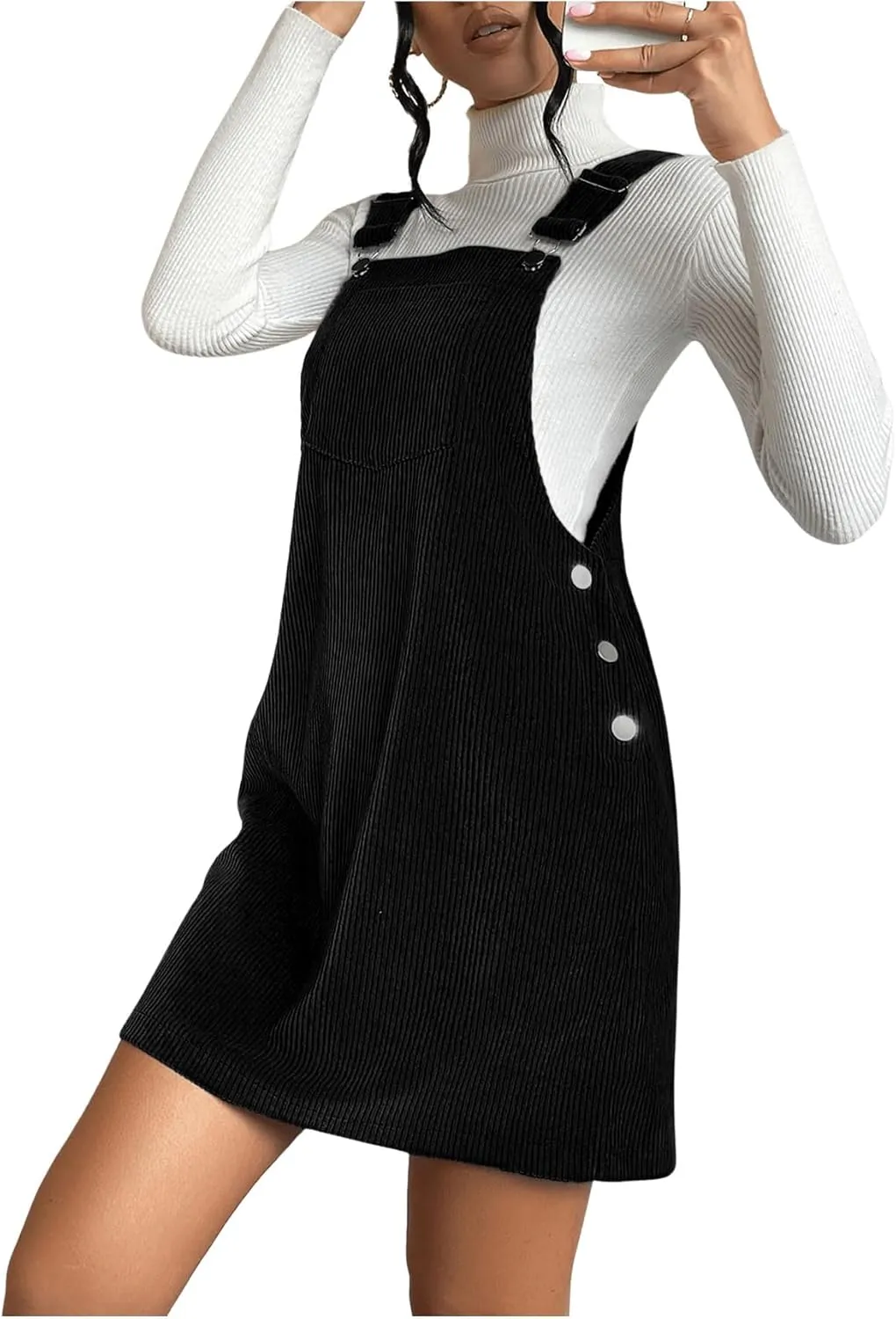 Milumia Women's Corduroy Button Front Straight Pinafore Overall Mini Dress with Pocket