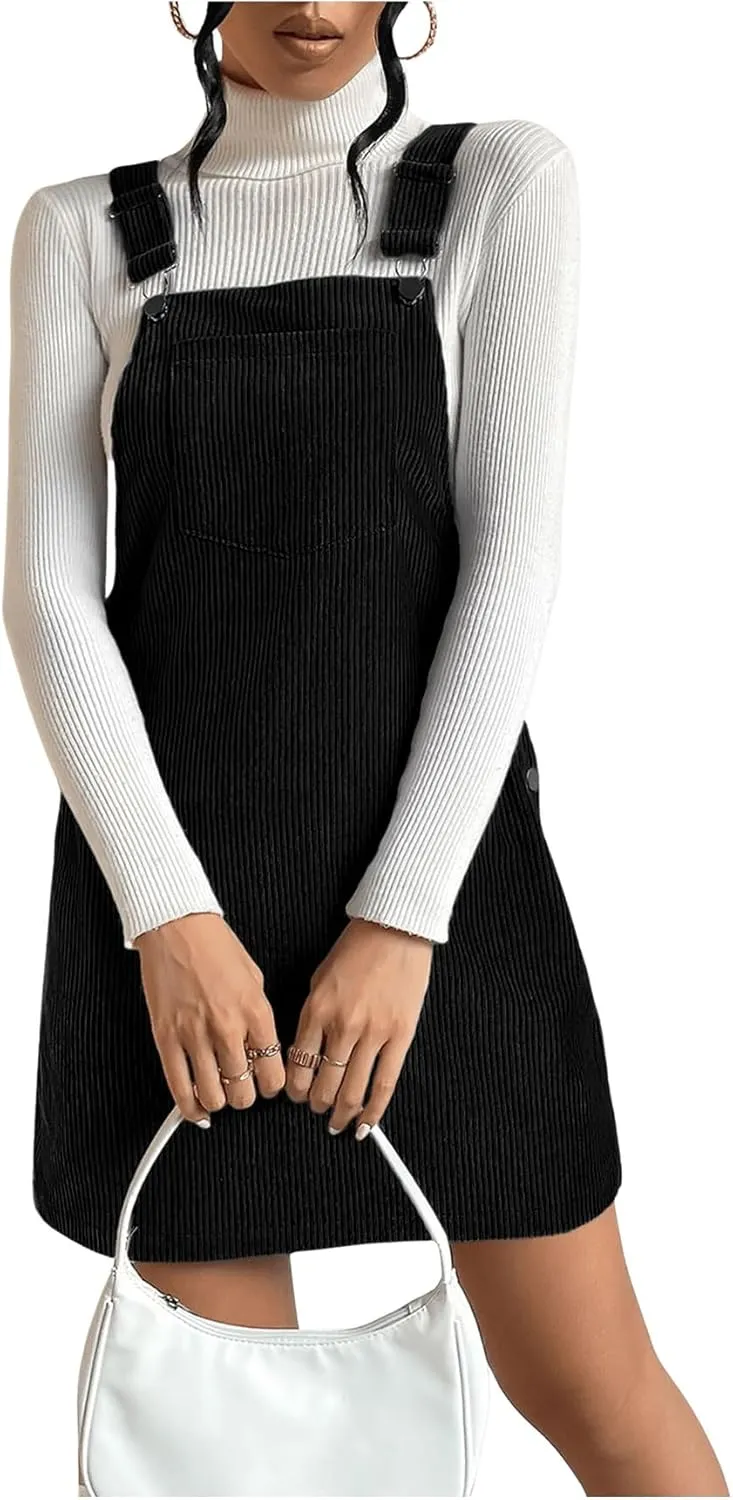 Milumia Women's Corduroy Button Front Straight Pinafore Overall Mini Dress with Pocket