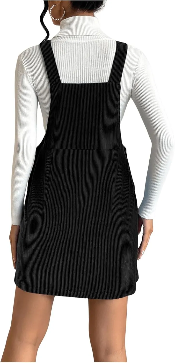 Milumia Women's Corduroy Button Front Straight Pinafore Overall Mini Dress with Pocket