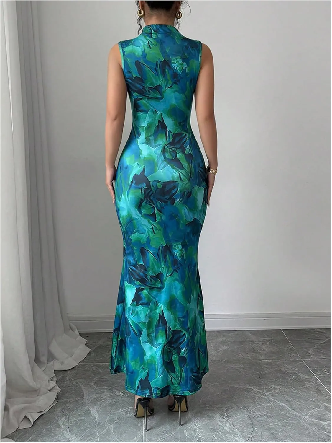 Milumia Womens Floral Print Mock Neck Sleeveless Dress Fishtail Bodycon Maxi Dresses
