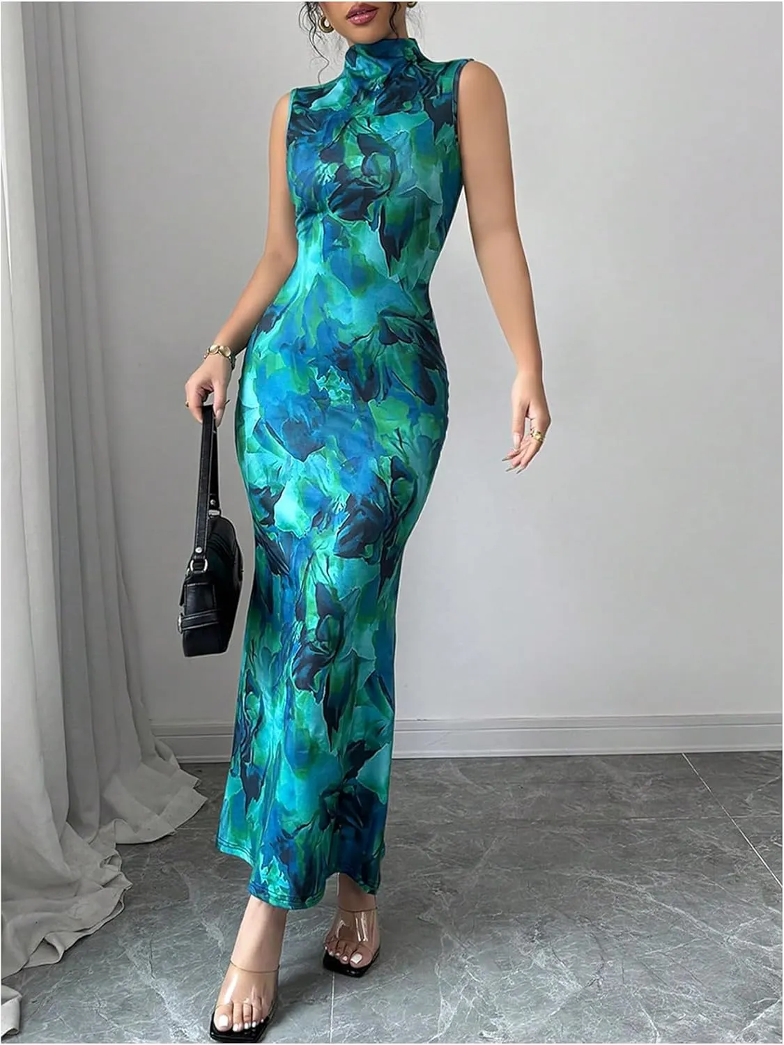 Milumia Womens Floral Print Mock Neck Sleeveless Dress Fishtail Bodycon Maxi Dresses