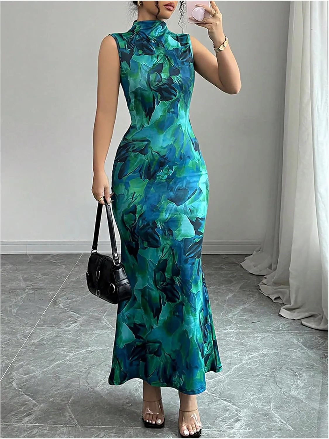 Milumia Womens Floral Print Mock Neck Sleeveless Dress Fishtail Bodycon Maxi Dresses