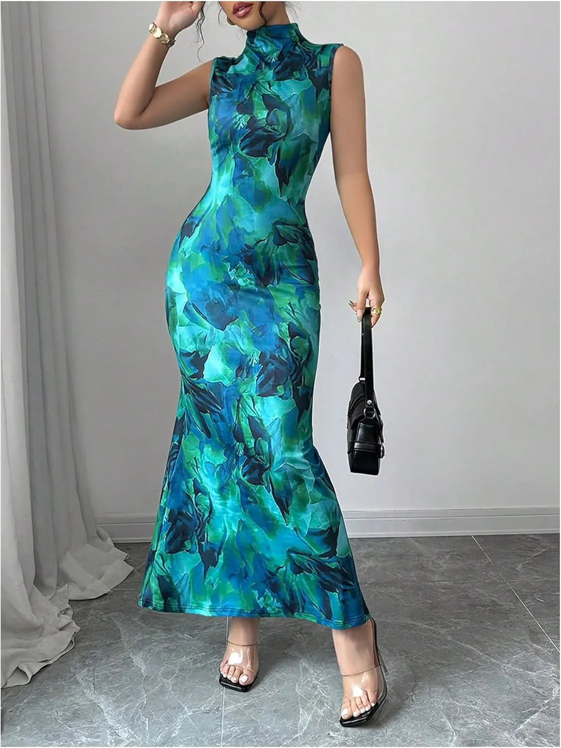 Milumia Womens Floral Print Mock Neck Sleeveless Dress Fishtail Bodycon Maxi Dresses