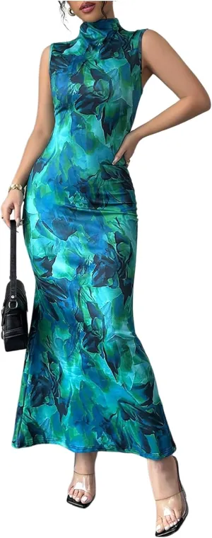 Milumia Womens Floral Print Mock Neck Sleeveless Dress Fishtail Bodycon Maxi Dresses