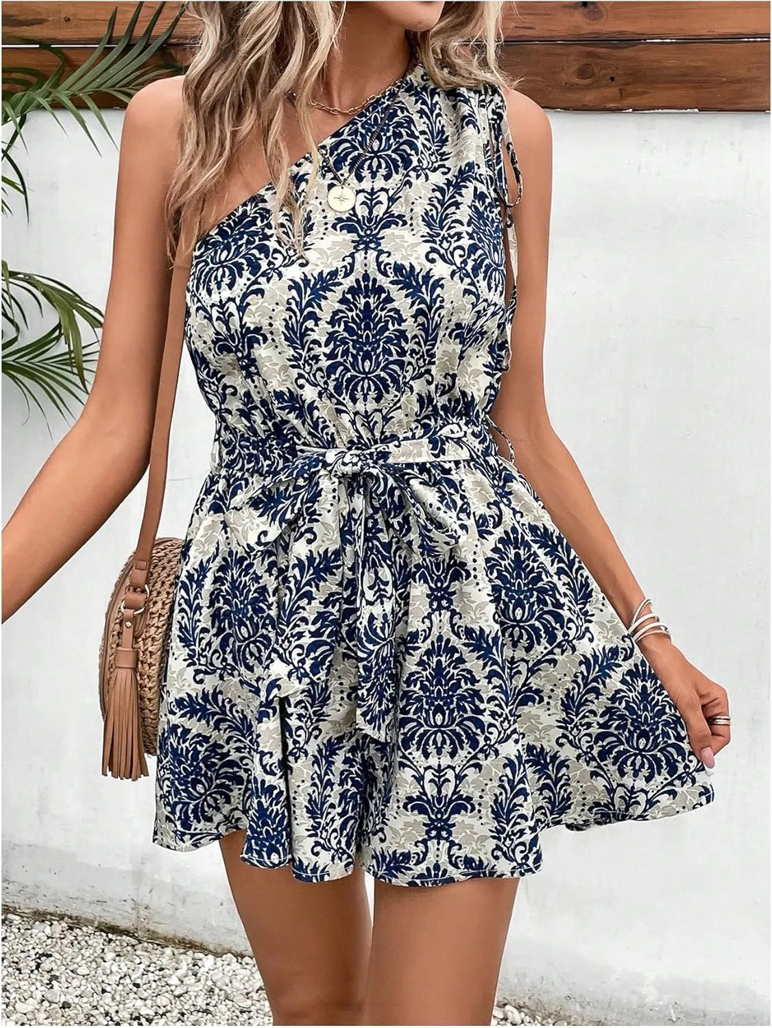 Milumia Women's Paisley Print One Shoulder Jumpsuits Boho Belted Short Romper