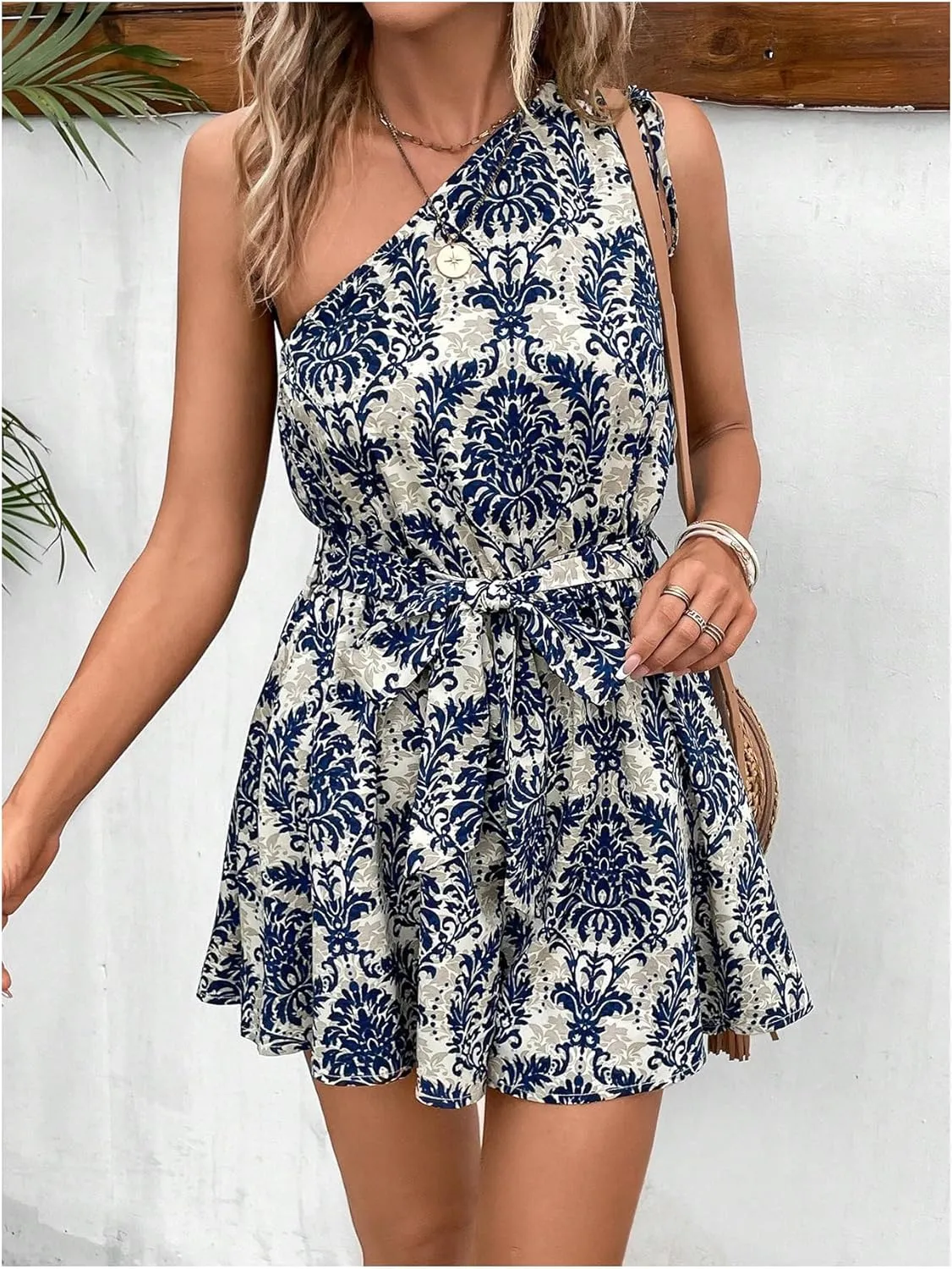 Milumia Women's Paisley Print One Shoulder Jumpsuits Boho Belted Short Romper