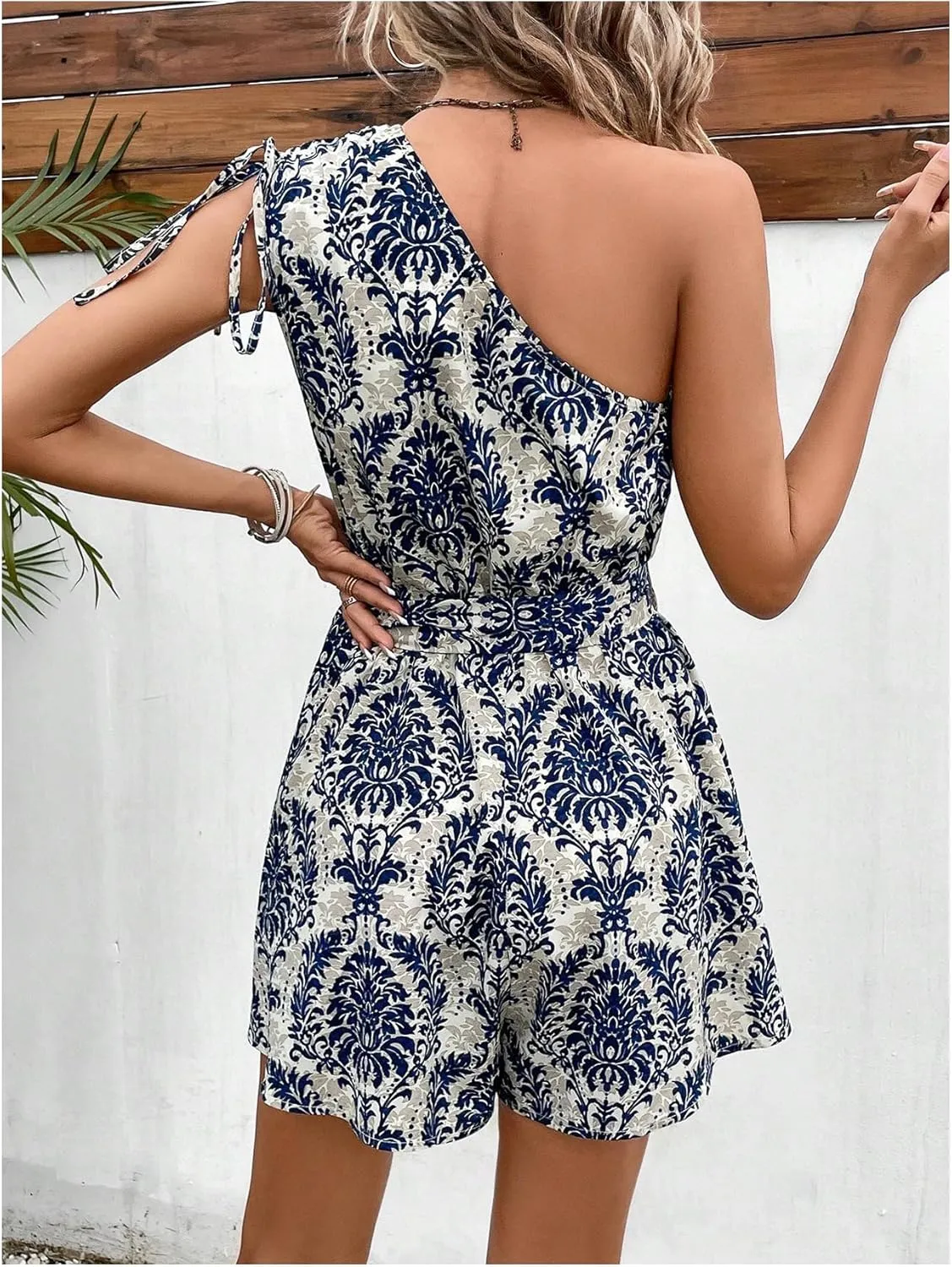 Milumia Women's Paisley Print One Shoulder Jumpsuits Boho Belted Short Romper