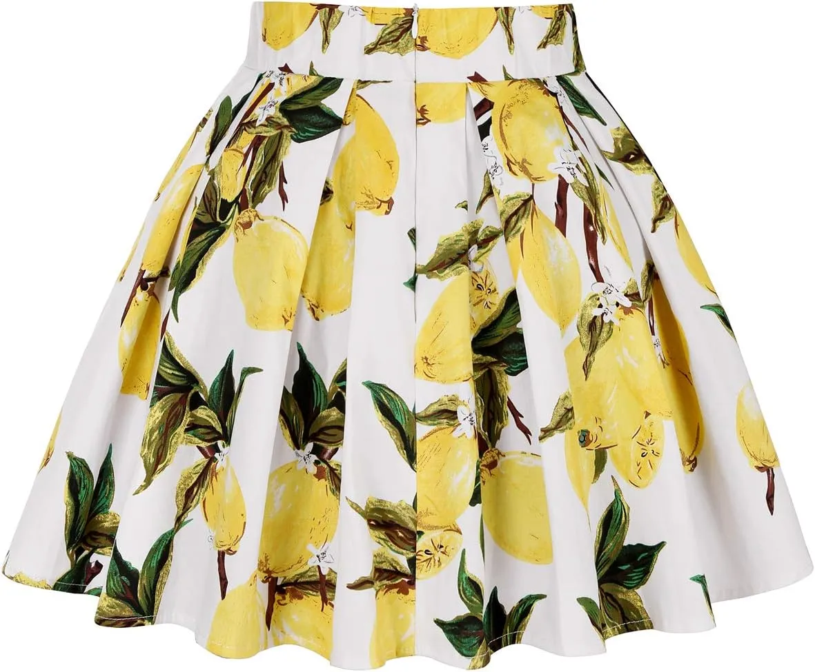MINTLIMIT 1950's Vintage Pleated Skirt A-line Retro Floral Printed Mini Skirts with Pockets