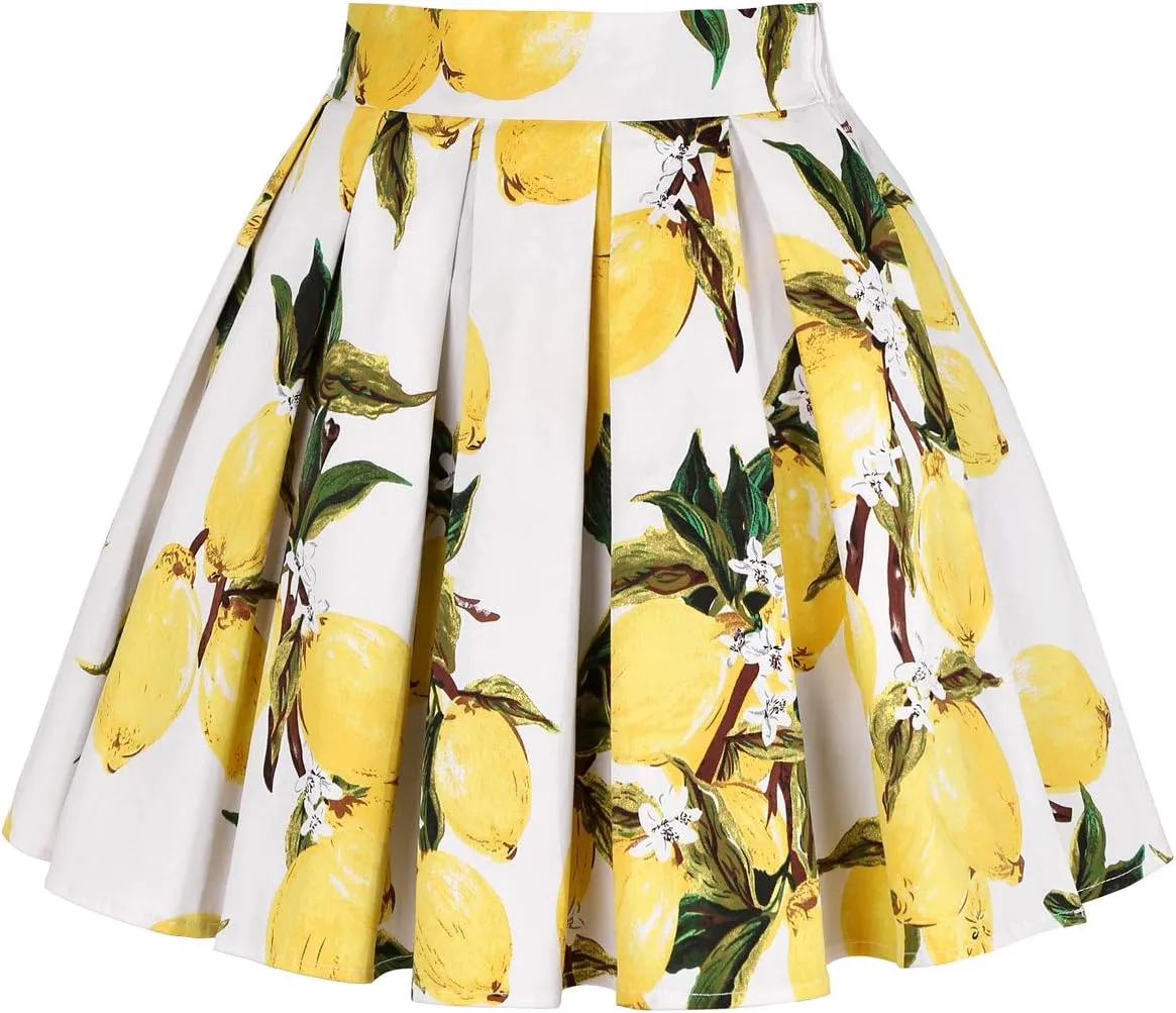 MINTLIMIT 1950's Vintage Pleated Skirt A-line Retro Floral Printed Mini Skirts with Pockets