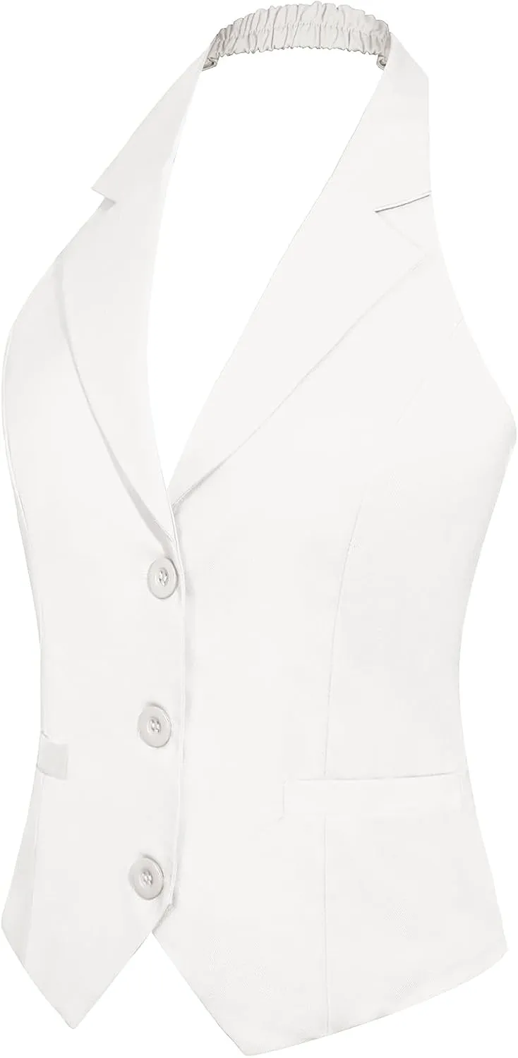 MINTLIMIT Womens Halter Neck Vest Notch Lapel Button Front Waistcoat Vintage Dressy Crop Tuxedo Suit Vests with Pockets