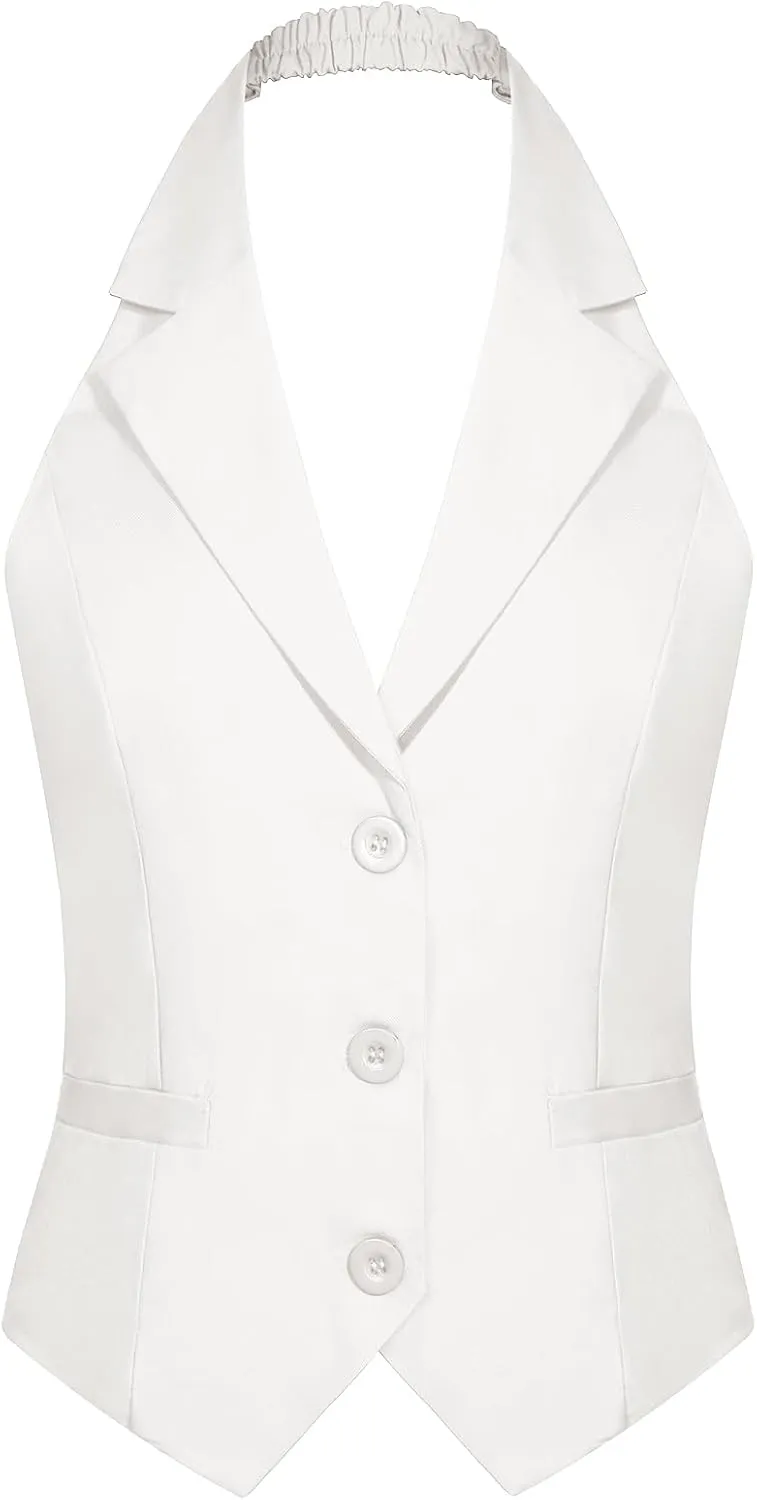 MINTLIMIT Womens Halter Neck Vest Notch Lapel Button Front Waistcoat Vintage Dressy Crop Tuxedo Suit Vests with Pockets