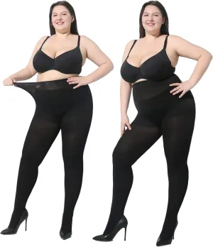 MOOCHI 2 Pairs Women's Plus Size Opaque Tights Control Top High Waist Ultra Soft Elastic