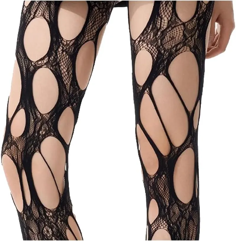 Mrotrida Women's Ripped Fishnet Tights Irregular Distressed Hole Mesh Tights Stockings Y2k Lace Sheer Pantyhose