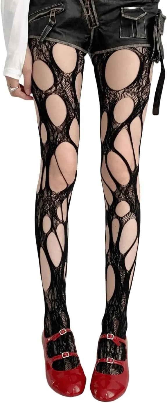 Mrotrida Women's Ripped Fishnet Tights Irregular Distressed Hole Mesh Tights Stockings Y2k Lace Sheer Pantyhose