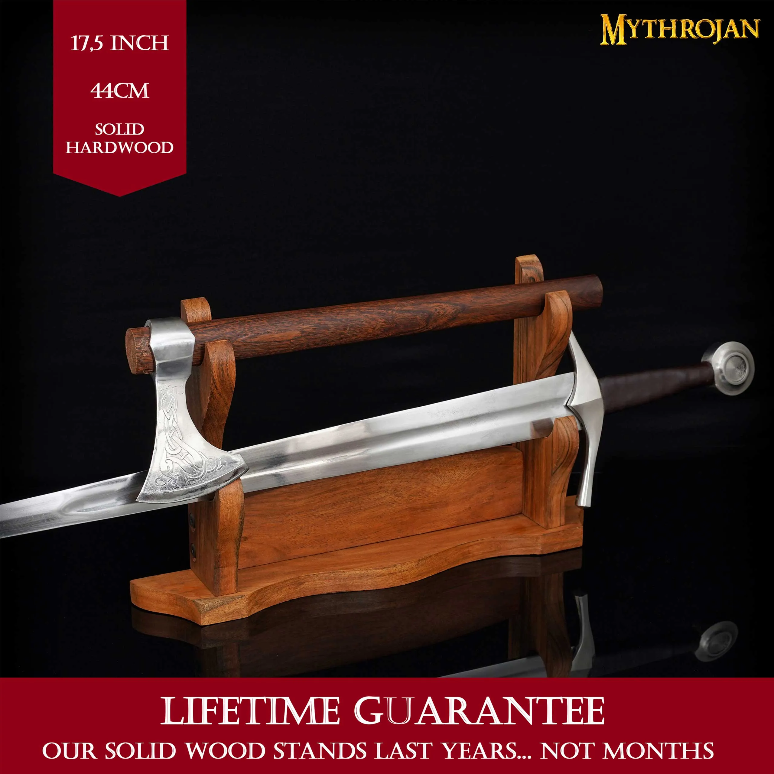 Mythrojan Solid Wood Sword Stand Medieval Sword Wall Mount Samurai Sword Display Stand Katana Sword Holder Gladiator Sword Wall Display Crusader Sword Stand Knife Stand for Display - Two Tier Stand