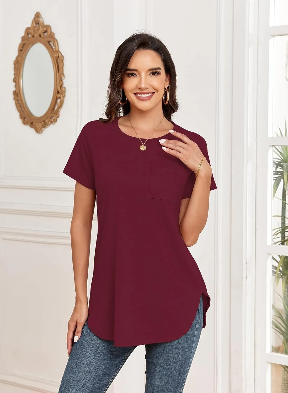 Newchoice Women's Short Sleeve Tunic Tops Casual Round Neck Loose Summer Basic Shirts With Pockets