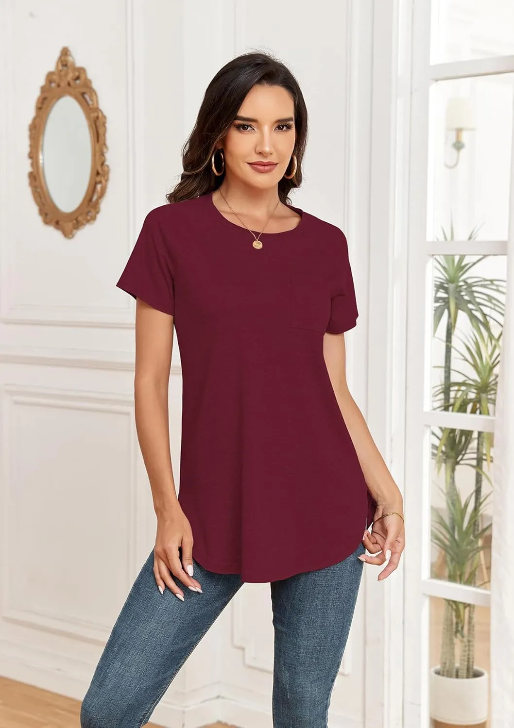 Newchoice Women's Short Sleeve Tunic Tops Casual Round Neck Loose Summer Basic Shirts With Pockets