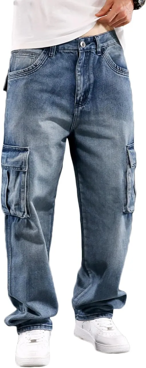 Nutriangee Men's Casual Baggy Cargo Workwear Jeans Loose Fit Straight Leg Hip Hop Denim Pants