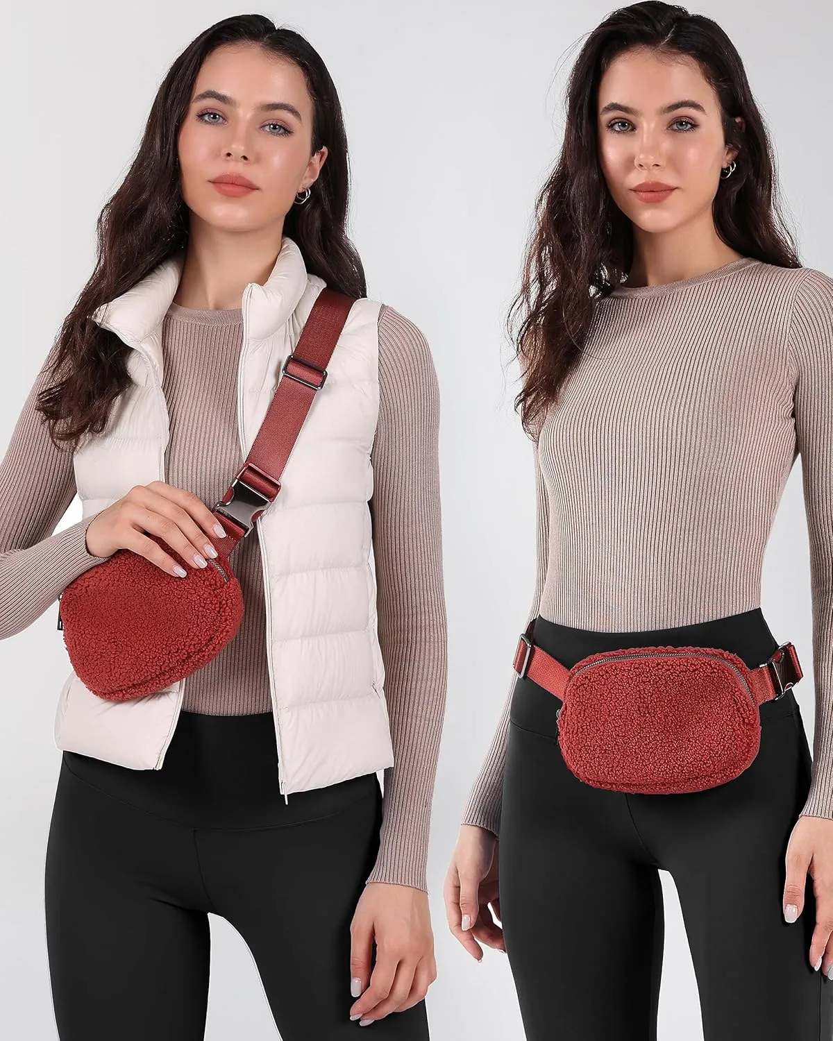 ODODOS Fleece Mini Belt Bag with Adjustable Strap, Sherpa Small Waist Pouch Fanny Pack for Workout Running Traveling Hiking, Apple