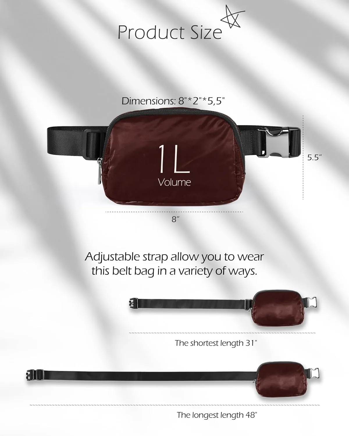 ODODOS Unisex Mini Belt Bag with Adjustable Strap Small Fanny Pack for Workout Running Traveling Hiking, Glossy Red Brown
