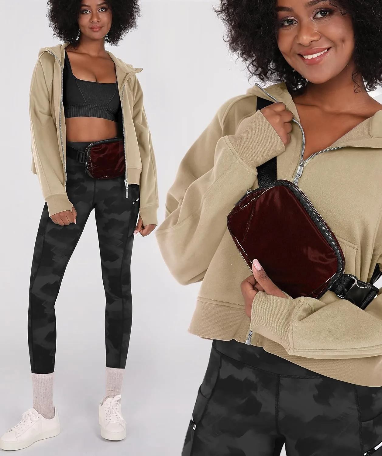 ODODOS Unisex Mini Belt Bag with Adjustable Strap Small Fanny Pack for Workout Running Traveling Hiking, Glossy Red Brown