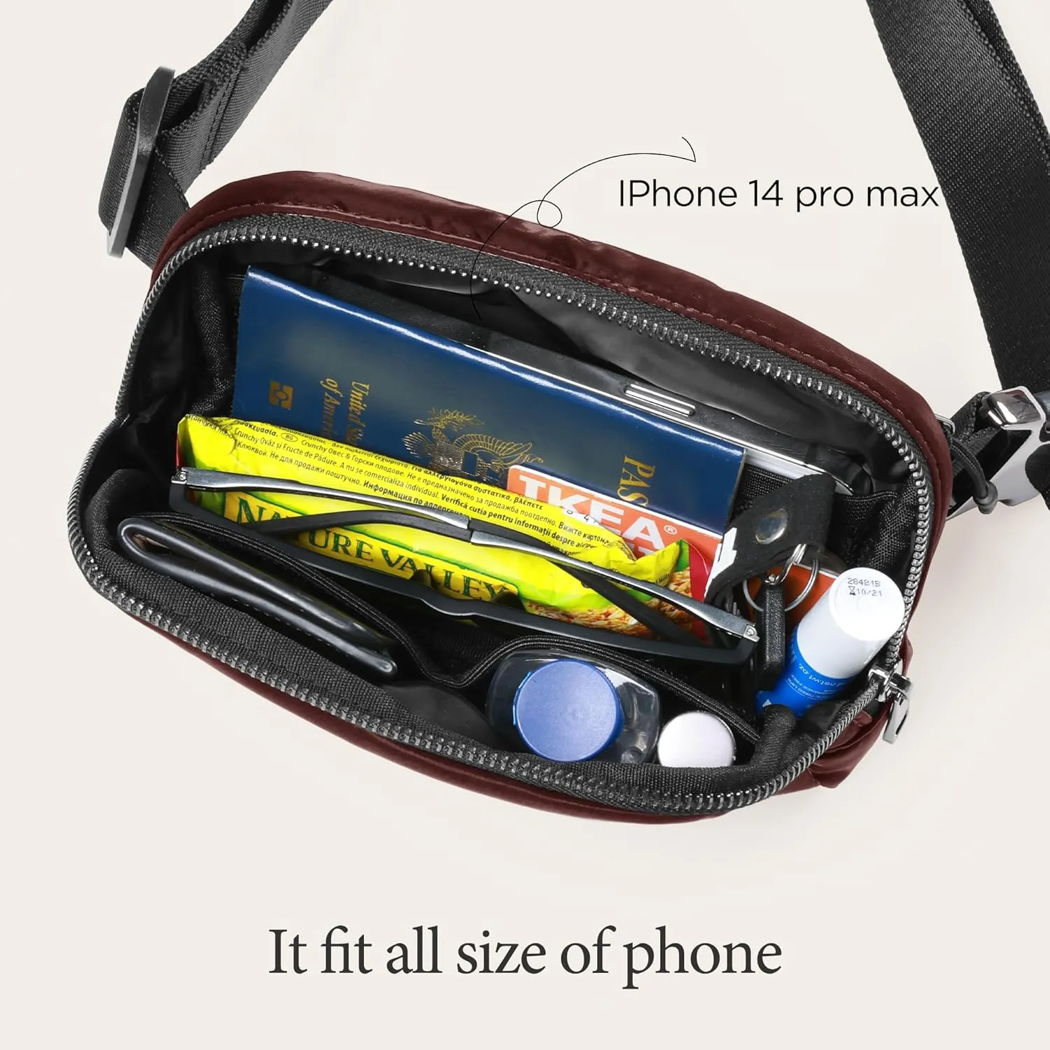 ODODOS Unisex Mini Belt Bag with Adjustable Strap Small Fanny Pack for Workout Running Traveling Hiking, Glossy Red Brown