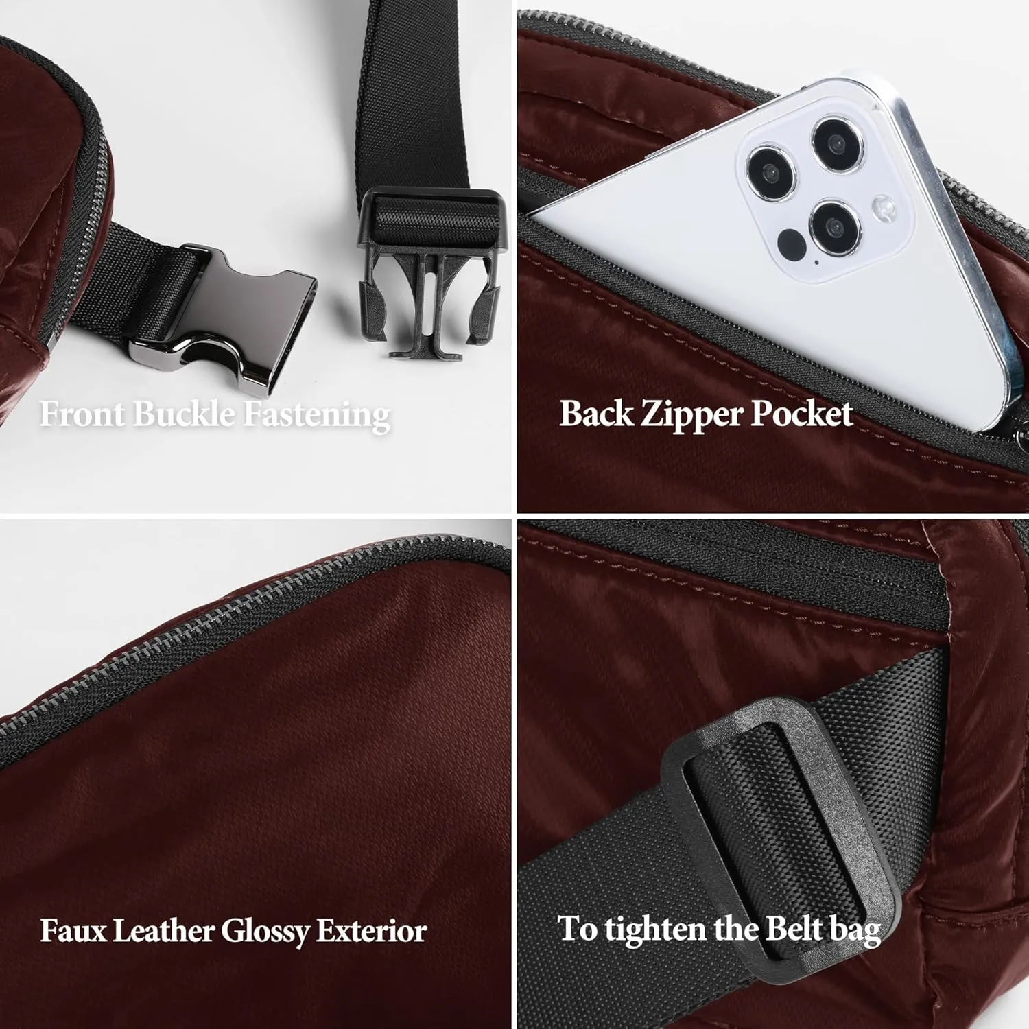 ODODOS Unisex Mini Belt Bag with Adjustable Strap Small Fanny Pack for Workout Running Traveling Hiking, Glossy Red Brown