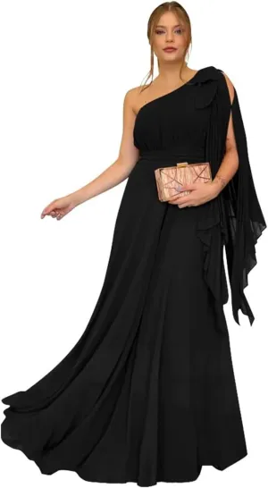 OFEYCHUN One Shoulder Bridesmaid Dresses for Women Chiffon Formal Dresses Long Evening Gown with Bow