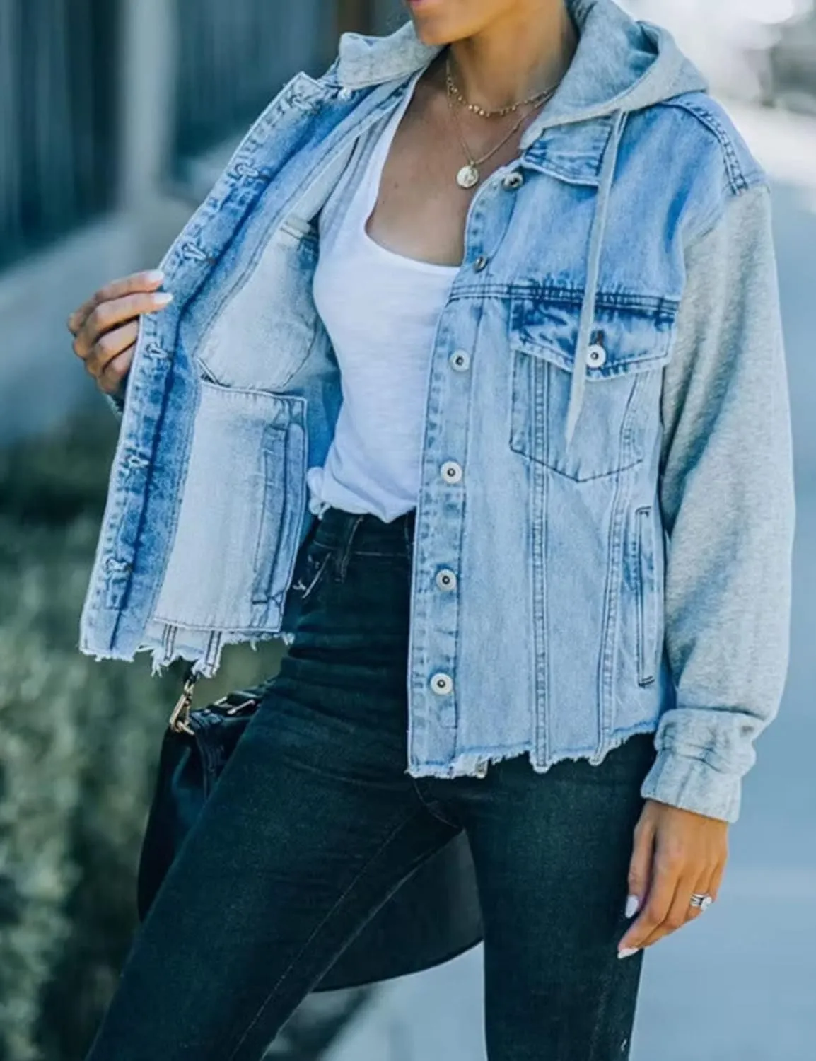 Perbai Womens Oversized Denim Jacket with Hood Layered Drawstring Distressed Jean Jacket Hoodie
