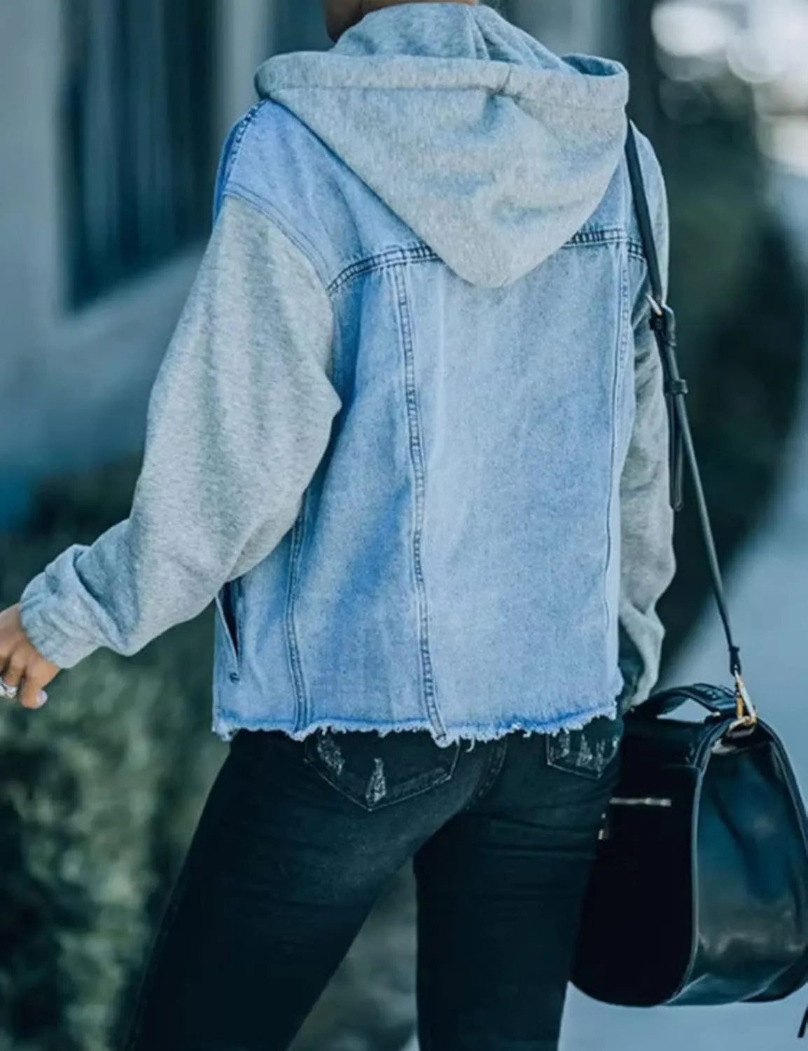 Perbai Womens Oversized Denim Jacket with Hood Layered Drawstring Distressed Jean Jacket Hoodie