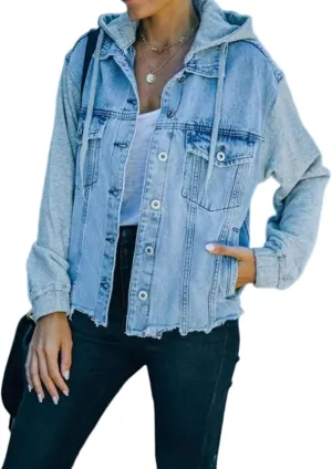 Perbai Womens Oversized Denim Jacket with Hood Layered Drawstring Distressed Jean Jacket Hoodie