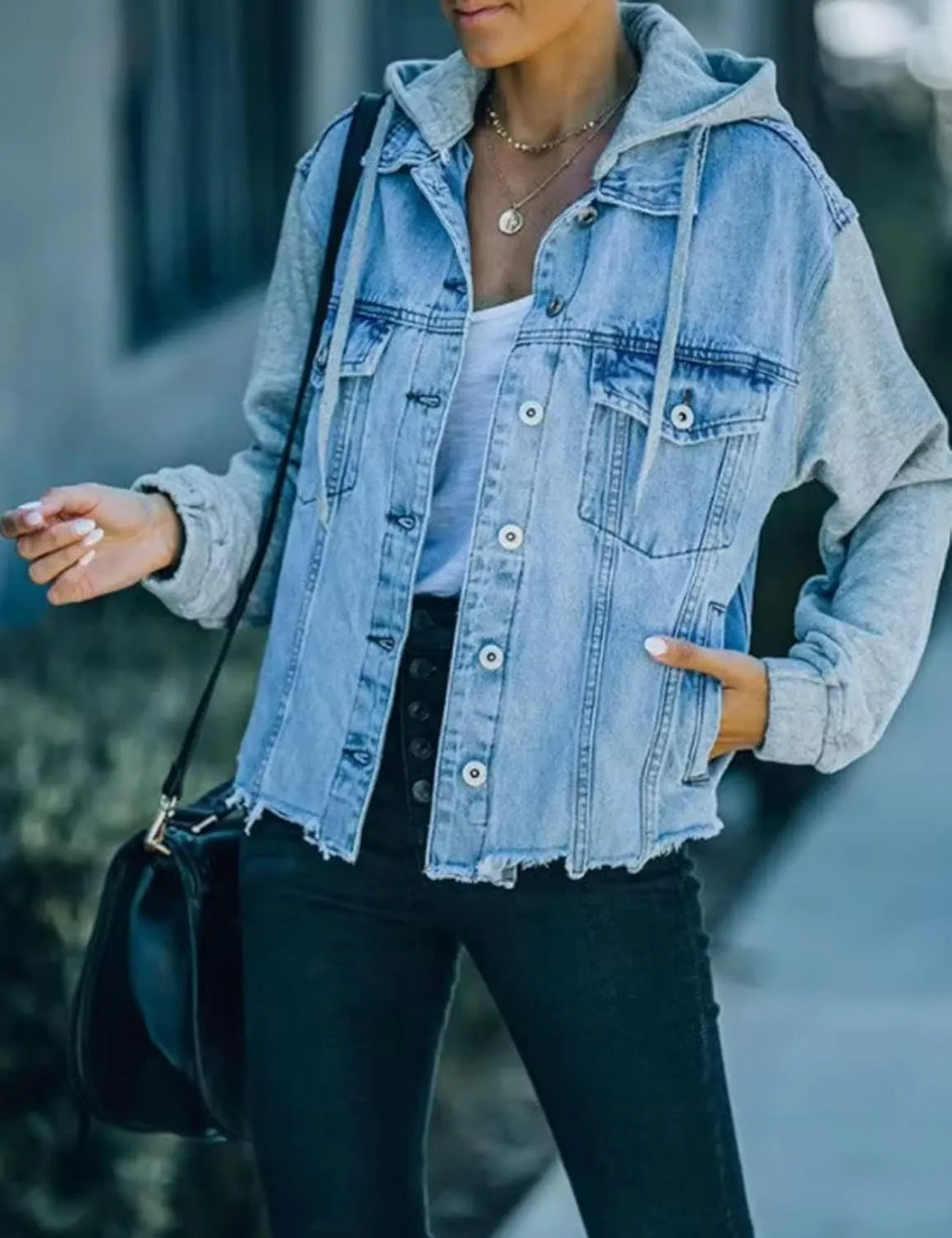 Perbai Womens Oversized Denim Jacket with Hood Layered Drawstring Distressed Jean Jacket Hoodie